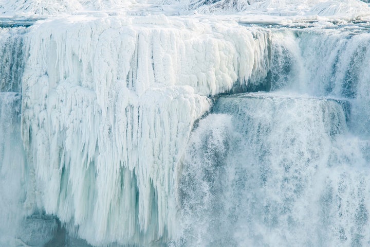 Ice hangs from the top of the American side of Niagara Falls on January 3.