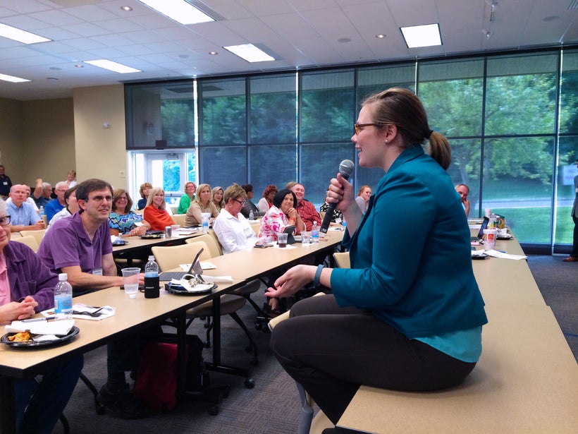 Meghan Wright, a trainer with Safety Advisors for Educational Campuses, LLC., speaks to a group of college administrators.