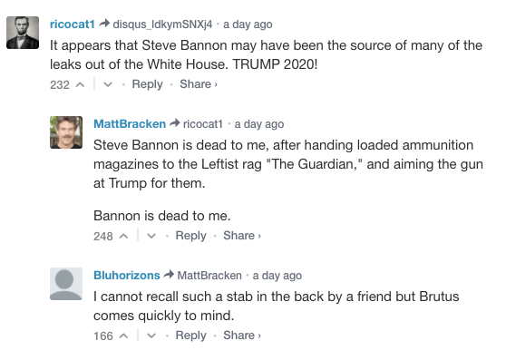 "Bannon is dead to me," one Breitbart commenter wrote.