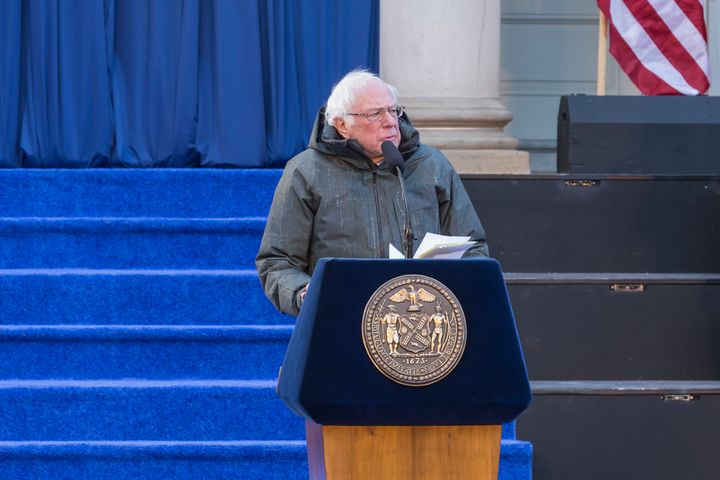 Sen. Bernie Sanders (I-Vt.) speaks at New York City Mayor Bill de Blasio's swearing-in ceremony on Jan. 1, 2018. He was sporting a $690 coat, according to a conservative site. 