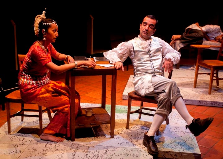 Aparna Krishnamoorthy as the Goddess, Namagiri of Namakkal, with Marco Aponte as Pierre de Fermat in a scene from Partition 