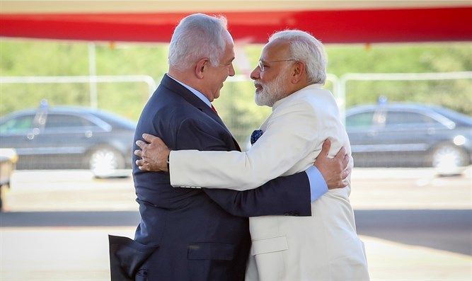 Israeli Prime Minister Benjamin Netanyahu greets Prime Minister Modi at Ben Gurion International Airport in Tel Aviv. Modi became the first Indian Prime Minister in history to visit the Jewish state in June 2016.