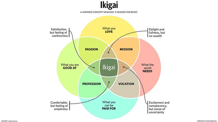 The Japanese concept of Ikigai, the search for a reason of being, a Life Purpose.