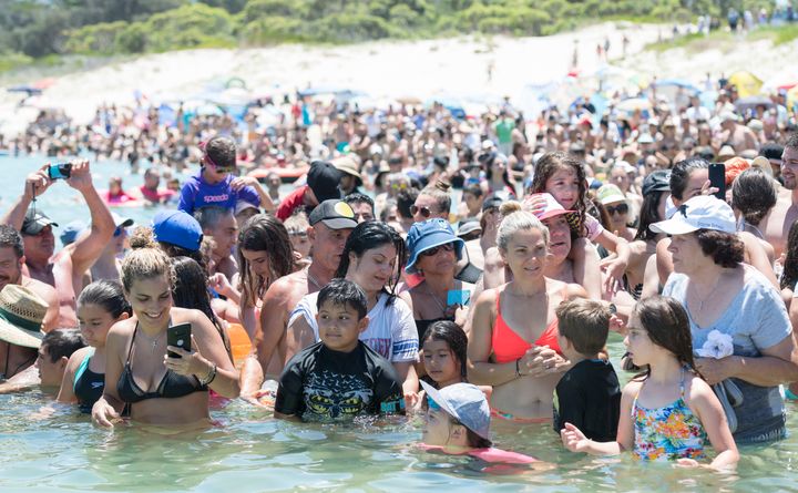 Crowds cool off in water at Yarra Bay in Sydney, Australia, on Sunday amid a heat wave.