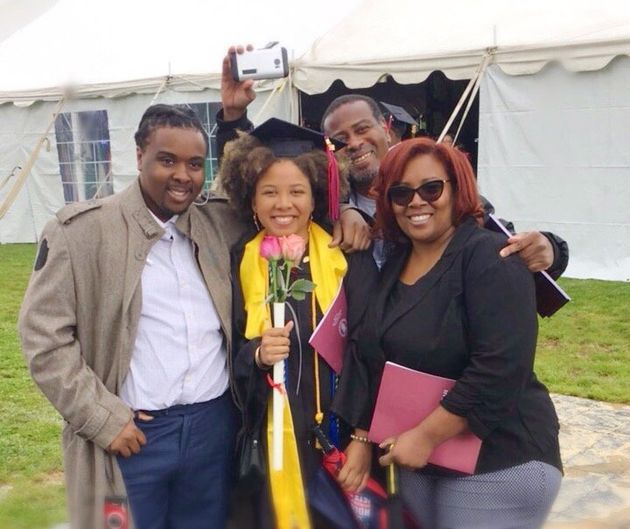 L'Tomay Douglas and her ex-partner at their daughter Kitana's graduation, with L'Tomay's son, Melvin. 