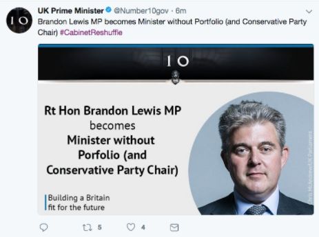 The word portfolio was misspelled in a Number 10 tweet Brandon Lewis 