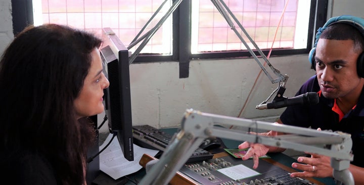 <p>Storyteller Davar Ardalan and Radio DJ Ramanlal Vallabh of 88.6 FM Radio Nuku’alofa, Tonga talking about the importance of storytelling when engaging communities around healthy eating.</p>