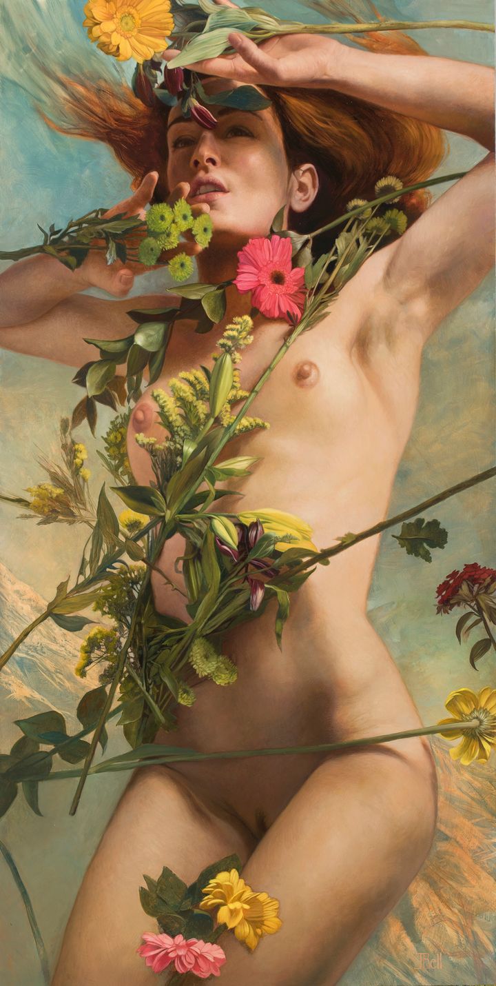 Accepted work: Julie Bell, Venus Clothed in Flowers, oil on wood, 36”x18”, 2017“In developing my approach for creating a painting of the woman that I understand as Venus, I decided that I would actually just pretend that I was her so that I could directly feel her feelings, see her own world, make real her actions. It occurred to me that flowers of all kinds embody many of the same qualities as Venus--beauty, sensuality, grace, the seduction and continuation of life itself, open and shameless. I found peace in this level of self love.”