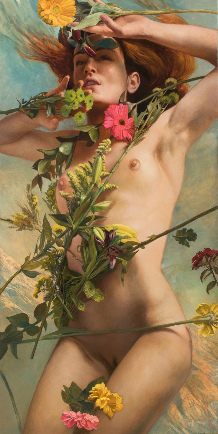 <p>Accepted work: Julie Bell, <em>Venus Clothed in Flowers</em>, oil on wood, 36”x18”, 2017</p><p>“In developing my approach for creating a painting of the woman that I understand as Venus, I decided that I would actually just pretend that I was her so that I could directly feel her feelings, see her own world, make real her actions. It occurred to me that flowers of all kinds embody many of the same qualities as Venus--beauty, sensuality, grace, the seduction and continuation of life itself, open and shameless. I found peace in this level of self love.”</p>