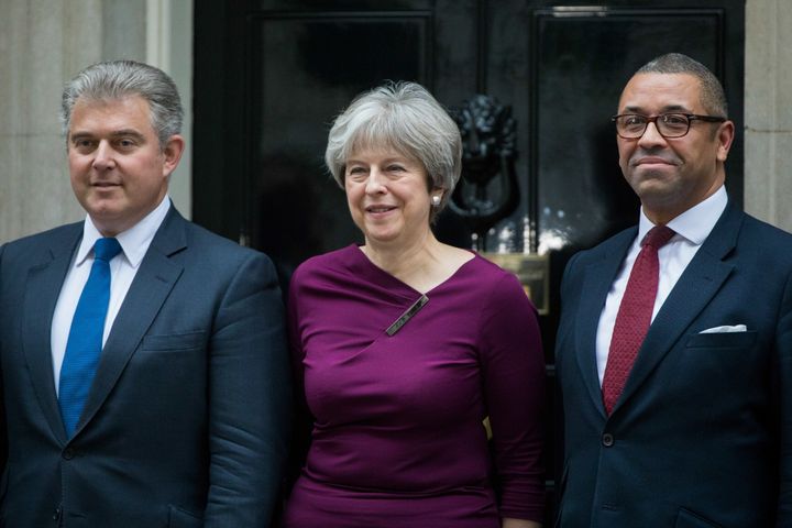 Theresa May with her new party chairman Brandon Lewis and deputy chairman James Cleverly.