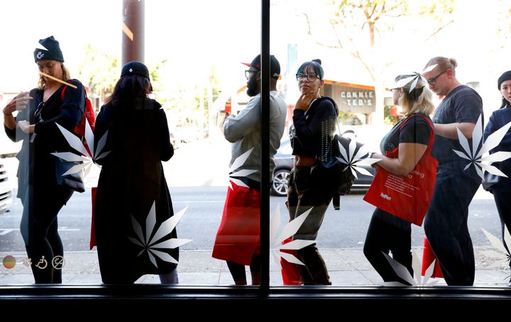 Customers line up on the first day of recreational marijuana sales in California on Jan. 2, 2018.