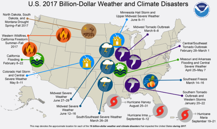 A map created by NOAA shows the 16 disasters that cost more than $1 billion.