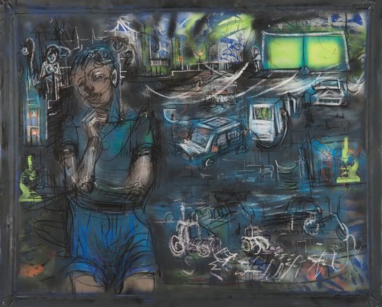 It's A Gas, 2017, charcoal, pastel, spray paint, acrylic on canvas, 54" x 64"