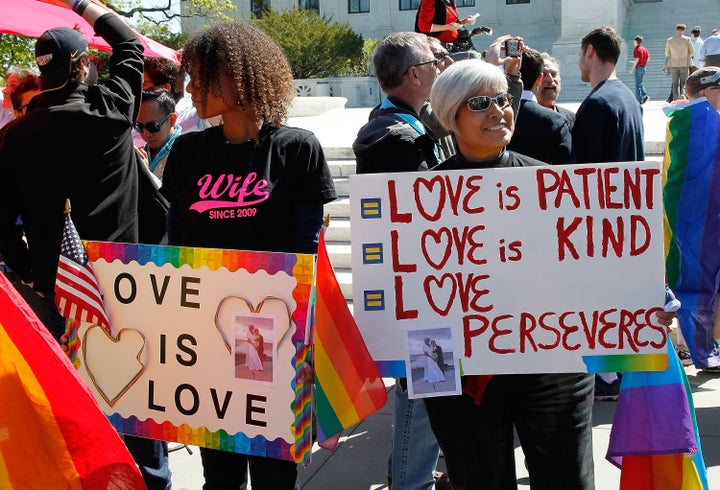 Supporters of marriage equality gather outside the Supreme Court on April 28, 2015.