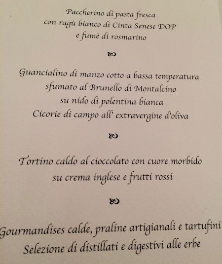 Our menu for the dinner included fresh pasta with a ragu sauce made of boar from Siena and slowly cooked beef on a bed of white polenta with chicory greens — all crowned a soft centered chocolate cake to end the meal 