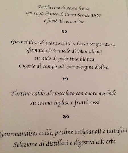 Our menu for the dinner included fresh pasta with a ragu sauce made of boar from Siena and slowly cooked beef on a bed of whi