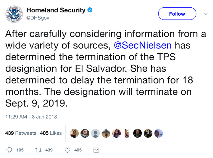 The official Twitter account of the Department of Homeland Security disseminates news of the cancellation of TPS for Salvadorans with a terse 39–word decree, Jan. 8, 2018.