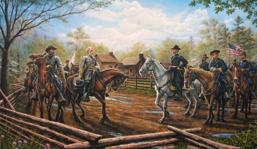 Johnson and Sherman meeting for the first time on the Hillsboro Road with Bennett Place in the background, by Dan Nance.