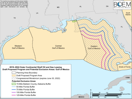 A map included in the Interior Department's draft proposal points to a 125-mile buffer zone off Florida as the most environmentally friendly option on the negotiating table.