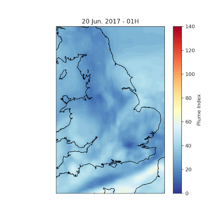 A simple animation shows how over 24 hours ozone can spike in the rural parts of South West England.