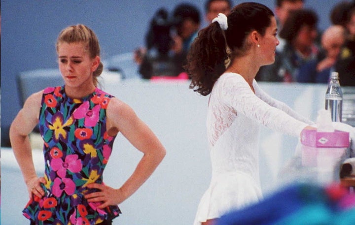 Tonya Harding (left) and Nancy Kerrigan during a training session in 1994.