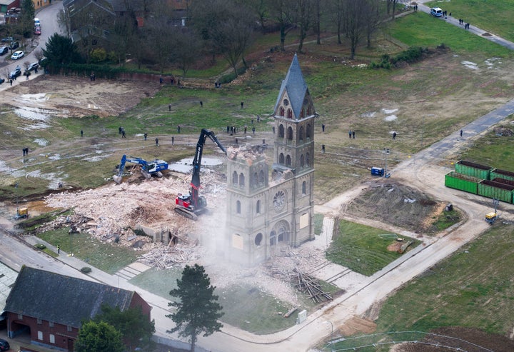 A photo taken by a drone shows the demolition of a church in Immerath, Germany.