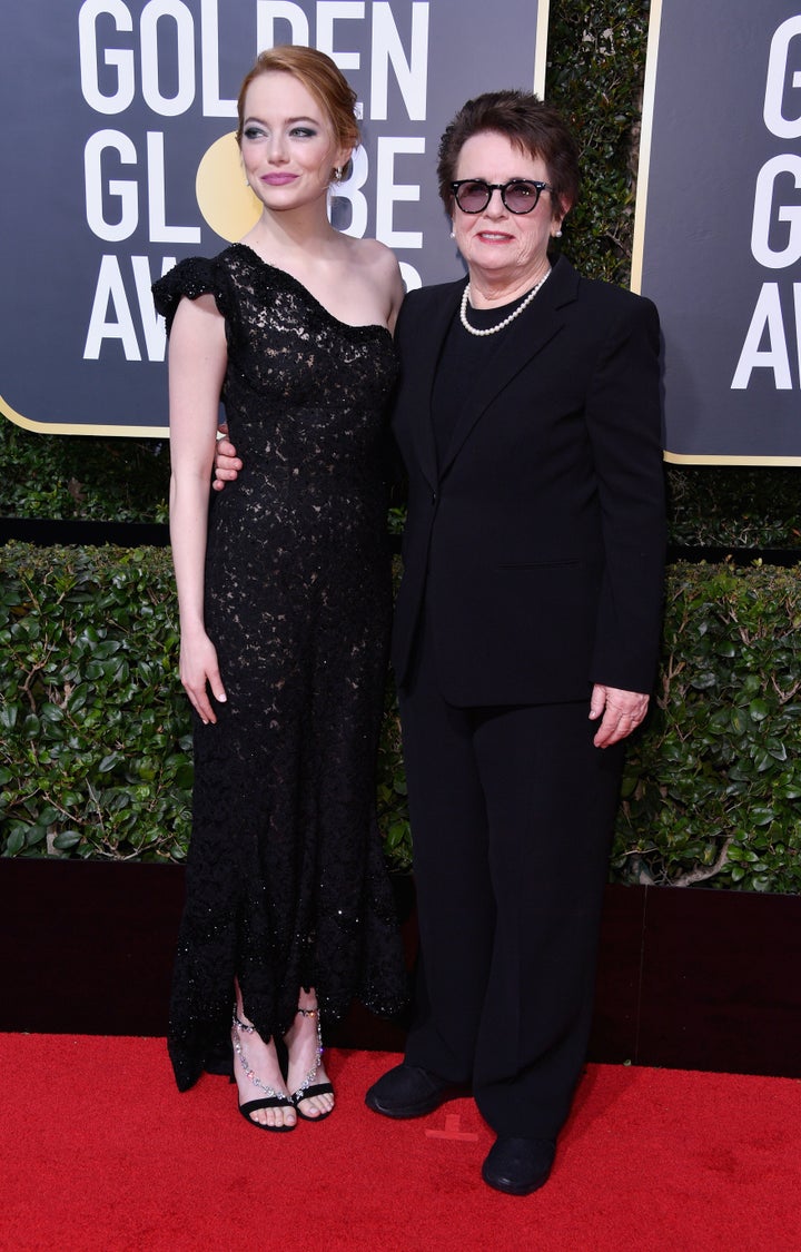 Emma Stone and Billie Jean King on the red carpet at the Golden Globes. 