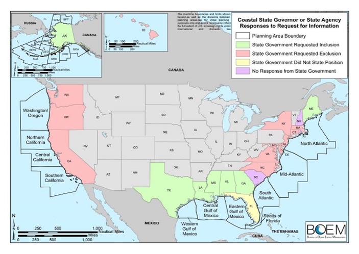This map, included in Interior Department materials given to congressional staffers on Jan. 8, showed how states responded last summer to proposed oil drilling off their coasts. Red means opposed, green means in favor, and yellow means no position.