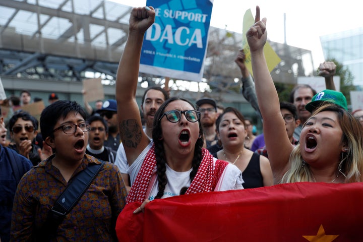 Demonstrators chant during a rally against the rescission of the Deferred Action for Childhood Arrivals program at the San Francisco Federal Building on Sept. 5.