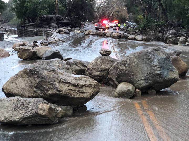 Boulders block a road in Montecito; wildfires had burned off protection vegetation meaning the community had little protection from the devastation