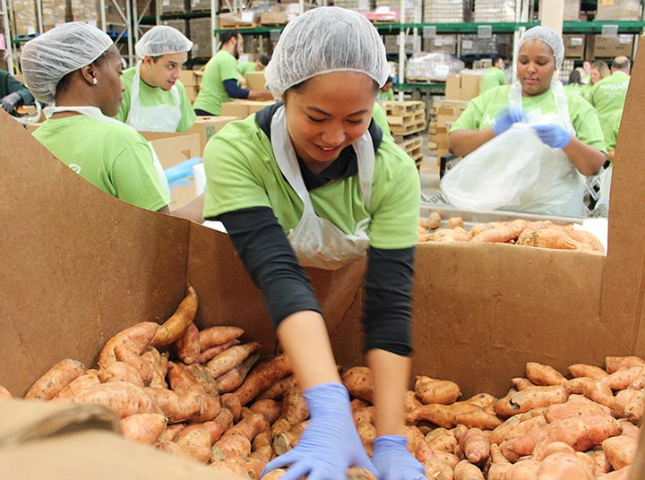 A volunteer in the Greater Chicago Food Depository’s warehouse.