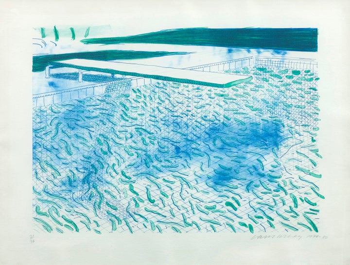 <p>David Hockney, <em>Lithograph of Water Made of Lines and a Green Wash</em>, 1978-80, Lithograph on white TGL handmade paper, 26 x 34 in. (66 x 86.5 cm). Edition of 36; signed, numbered and dated by the artist. </p>
