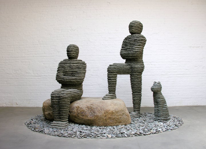  Boaz Vaadia, Asa & Yehoshafat with Dog, 2008, bronze, bluestone and boulder, 86 x 120 x 80 in. Edition of 5 + 2AP. 