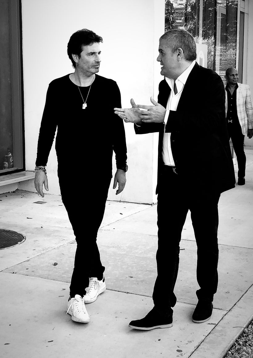Richard Orlinski and Hublot CEO Ricardo Guadalupe celebrate the launch of the Classic Fusion Orlinski wristwatch in Miami in
