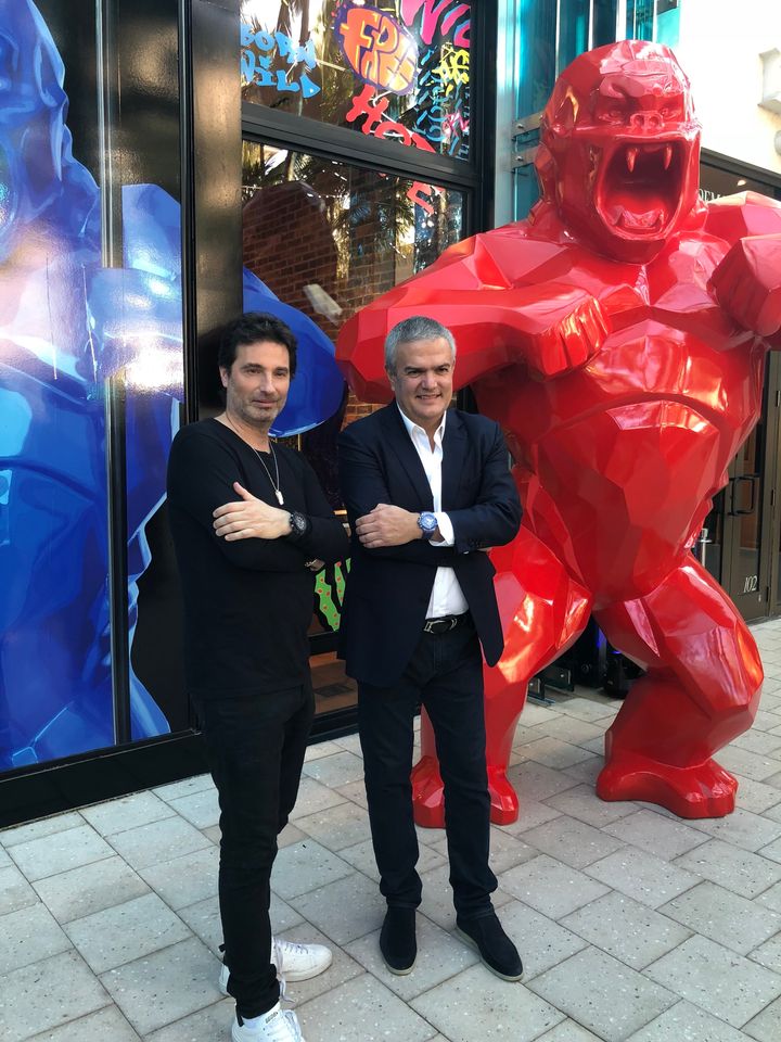 Artist Richard Orlinski and Hublot CEO Ricardo Guadalupe pictured outside the Hublot boutique in Miami Florida, with a view of one of Orlinski’s signature creations, “Kong,” to the far right.
