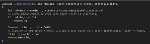 <em>(part of the code that limits the total # of bitcoins to 21,000,000. I found this by reading ALL of the code for bitcoin)