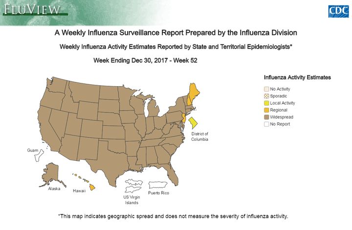 Flu activity in the US reported by state and territorial epidemiologists indicating geographic spread of influenza viruses.