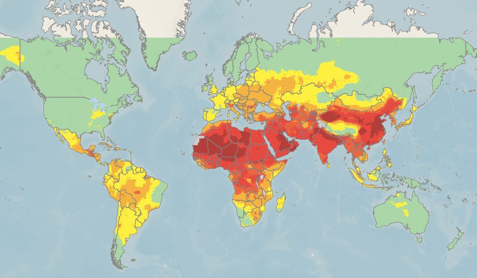 This WHO map shows levels of outdoor air pollution in countries around the world. Areas seen in orange or red have particulate levels close to or exceeding recommended health guidelines.