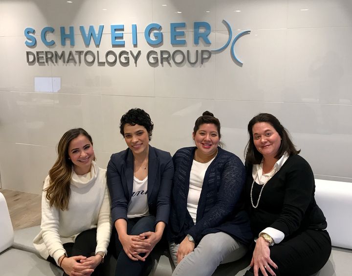 Leaders on Schweiger Dermatology Group’s team have worked together to reduce turnover. (From left to right: Ana Welsh, vice president of employee experience; Indira Capellan, onboarding and training manager; Jessica Rodriguez, training coordinator and Tara Sweeney, director of HR 