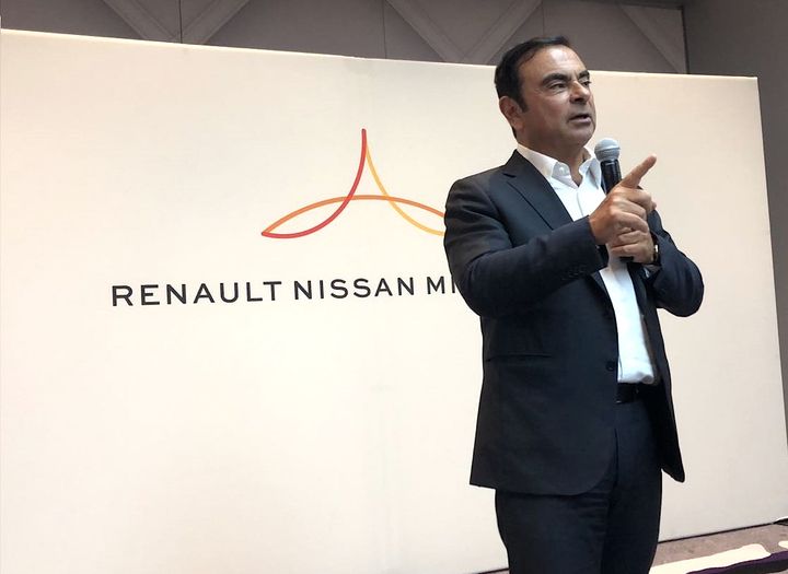 Carlos Ghosn speaks to a group of reporters at CES 2018 about a new venture capital fund designed to help fuel Alliance tech innovations. 