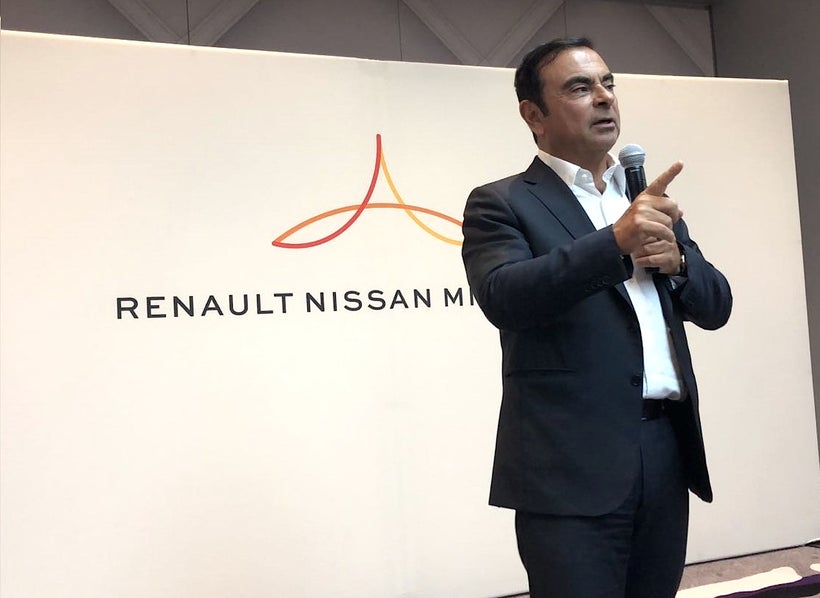Carlos Ghosn speaks to a group of reporters at CES 2018 about a new venture capital fund designed to help fuel Alliance tech
