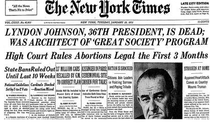 <em>New York Times </em>headline on January 23, 1973