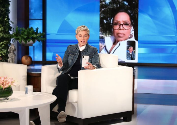 Ellen DeGeneres calls Oprah Winfrey on her daytime talk show. 