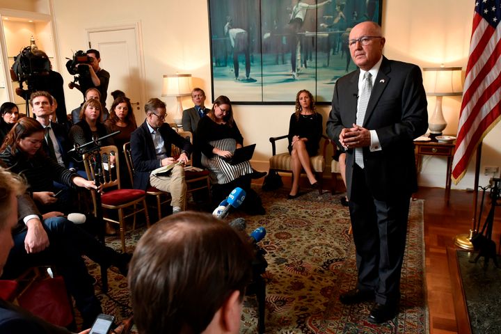 U.S. Ambassador to the Netherlands Peter Hoekstra is questioned during a news conference at the U.S. Embassy in The Hague on Wednesday.