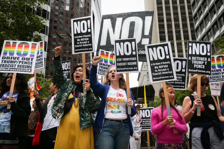 A group of marchers protest U.S. President Donald Trump in the annual LGBTQ Pride Parade on June 25, 2017 in San Francisco, California.