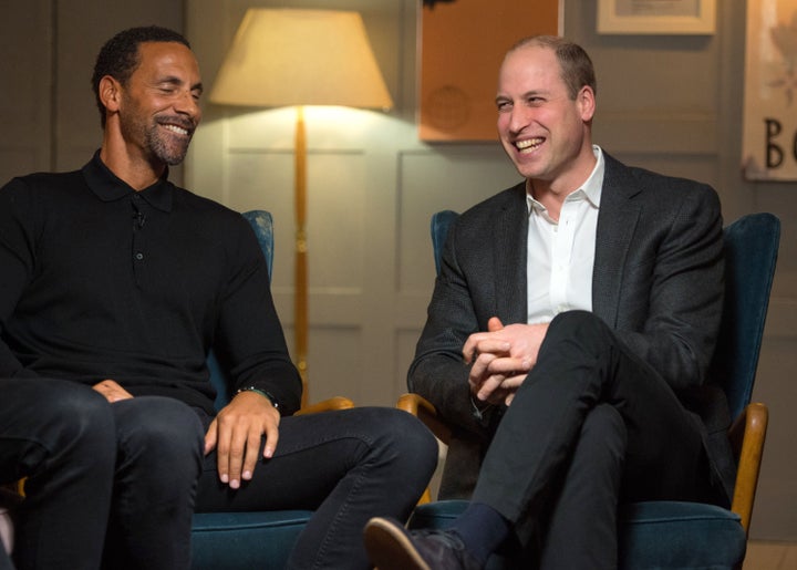 Prince William (pictured with former English soccer star Rio Ferdinand) joked that his brother's not asking him to be best man yet may be "a sensitive subject."