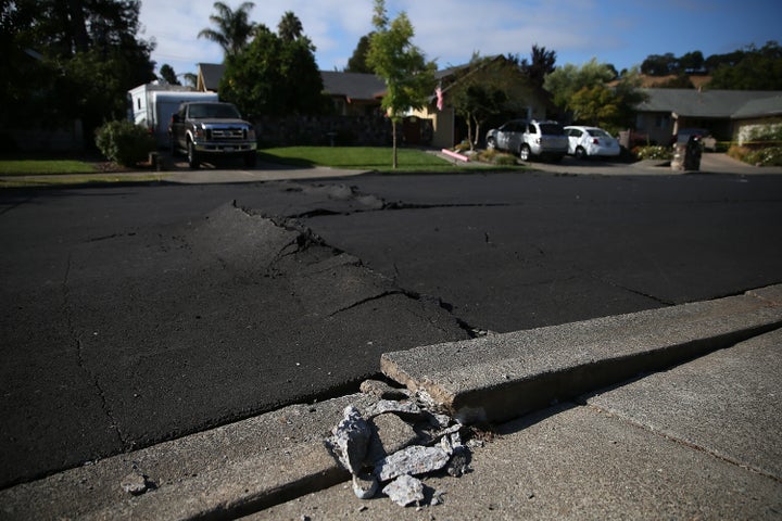 Buckled asphalt in Napa, California, after a 6.0 earthquake struck the region in 2014. 