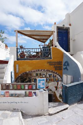 Exterior of Atlantis Books in Oia, Greece