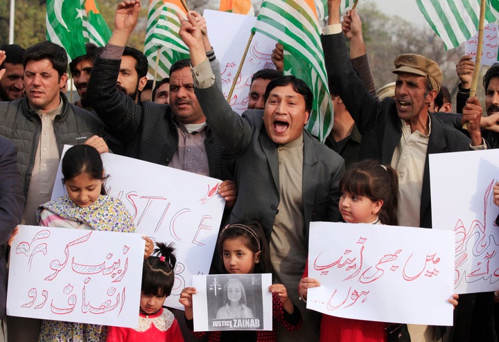 Demonstratos chant slogans to condemn the rape and murder of 7-year-old girl Zainab Ansari in Kasur, during protest in Islamabad, Pakistan on January 11, 2018. 