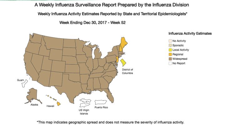 A map of the U.S. shows "widespread" influenza activity reported by 46 states.